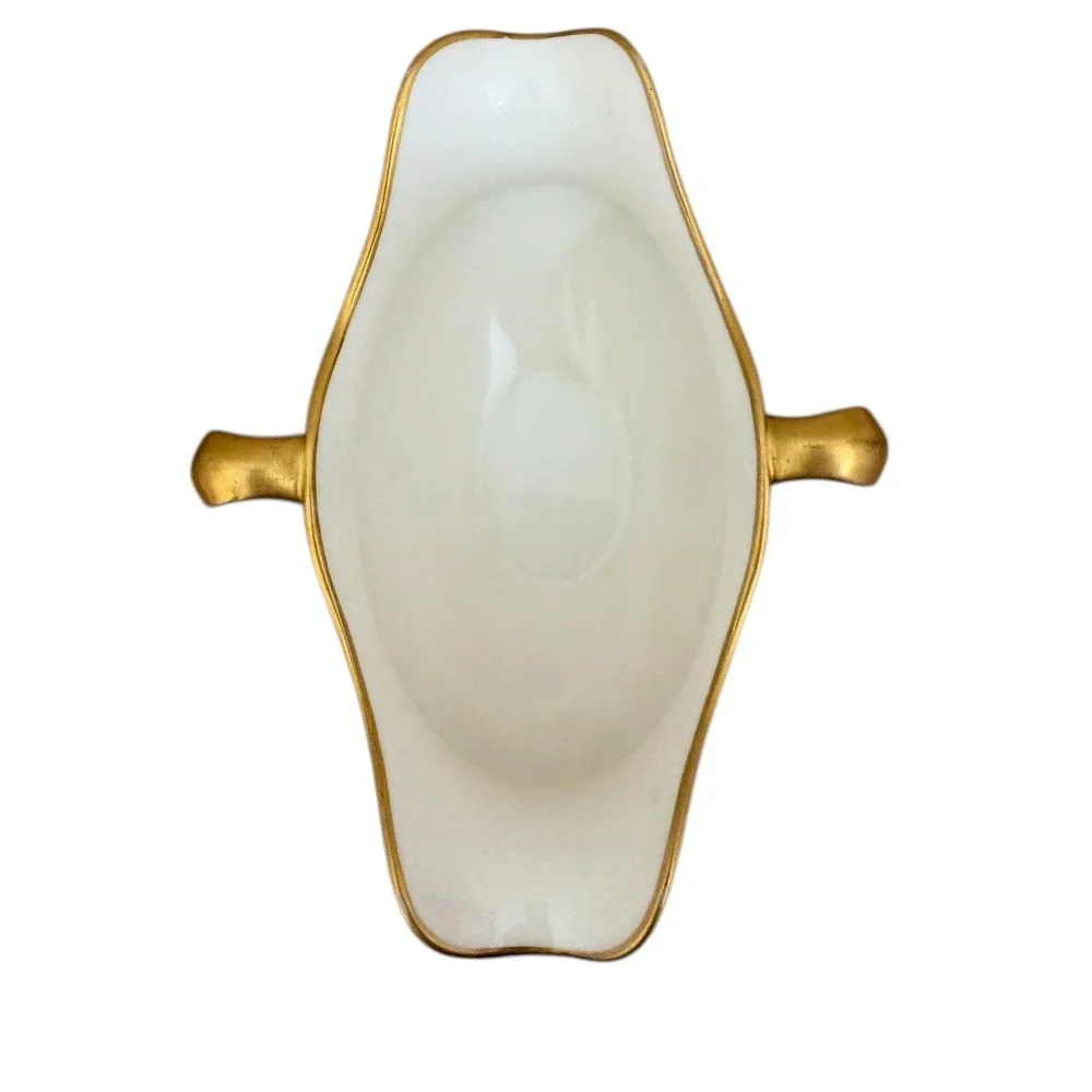 Lenox Ivory Porcelain Gravy Boat Gold Band Double Spout & Handles‎ Vintage